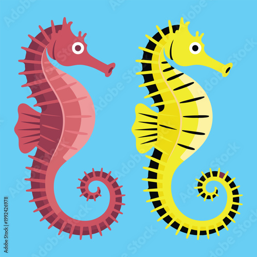Seahorse Vector Illustration Set with Pink and Yellow Marine Characters