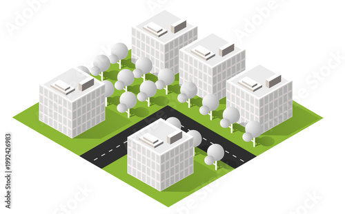 Isometric illustration of an urban office block showing modern buildings, tree-lined streets and green lawns. Clean, minimal 3D style conveys city planning, real estate, neighborhood and business conc