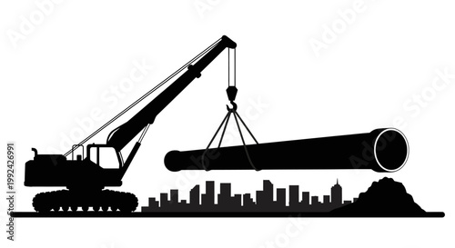 Black silhouette of a construction site with a crane.