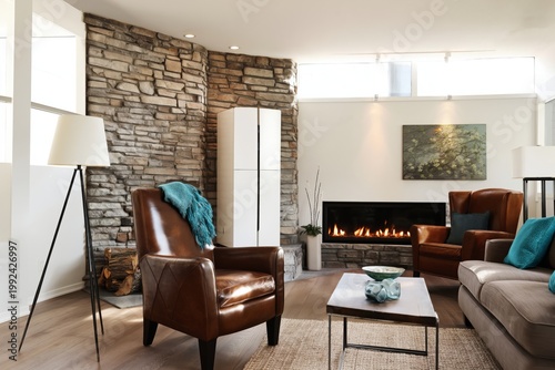 Modern Living Room With Stone Wall and Fireplace, Stylish Furniture and Natural Light