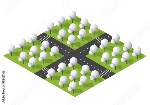 Isometric Road Intersection With Tree-Lined Green Park Blocks, Crosswalks