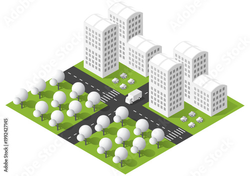 An isometric illustration of an urban city block featuring modern apartment buildings, intersecting roads, tree-lined green spaces and a delivery van, suggesting city planning, logistics and sustainab