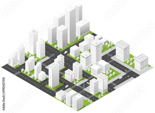 Detailed isometric illustration of a modern urban cityscape showing high-rise buildings, roads, intersections and green neighborhood blocks, ideal for architecture, urban planning, real estate and map
