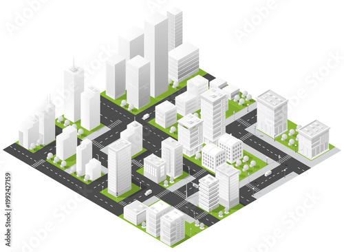 Detailed isometric illustration of a modern urban cityscape showing high-rise buildings, roads, intersections and green neighborhood blocks, ideal for architecture, urban planning, real estate and map