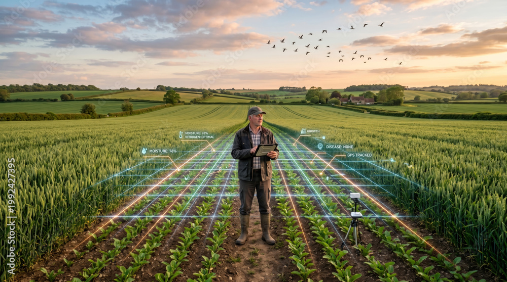Fototapeta premium Hardworking farmers cultivating organic crops and using digital tools for agriculture.
