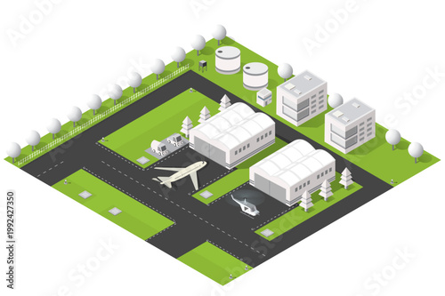 Isometric illustration of an airport area showing runway, two commercial airplanes, hangars, helicopter pad, service vehicles and green landscaping, conveying aviation, travel and logistics concepts.