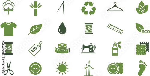 Icons representing various aspects of sustainable and eco friendly textile production Vector