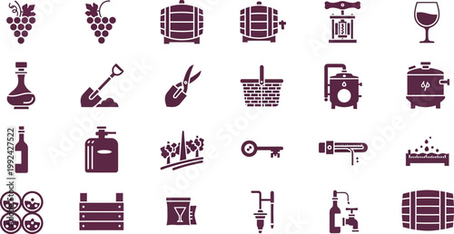 Iconic symbols representing the wine making and viticulture process Vector
