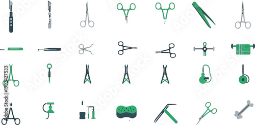 Common surgical instruments and their specialized uses in medical procedures Vector