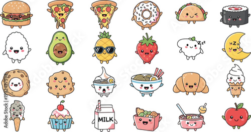Cute food characters illustrated in a playful and whimsical style Vector