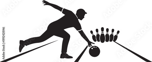 Silhouette of bowler releasing ball towards pins on national bowling day bowling ball bowling pins. black icon drawing vector