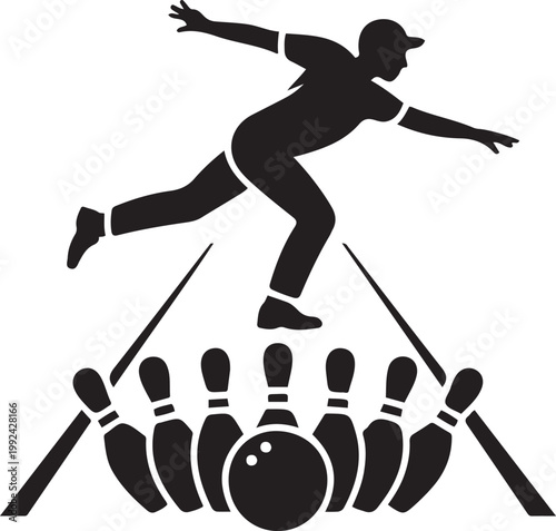 Silhouette of bowler releasing ball towards pins on national bowling day bowling ball bowling pins. black icon drawing vector