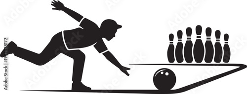 Silhouette of bowler releasing ball towards pins on national bowling day bowling ball bowling pins. black icon drawing vector
