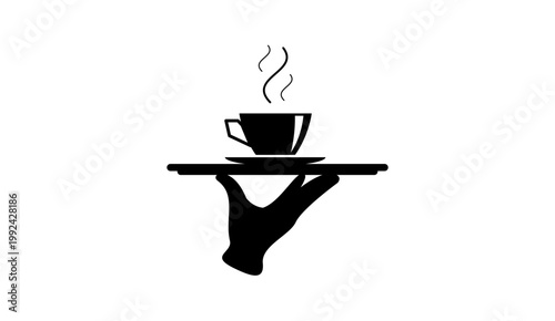 Waiter Hand Holding Tray with Hot Coffee Cup Silhouette Vector Icon