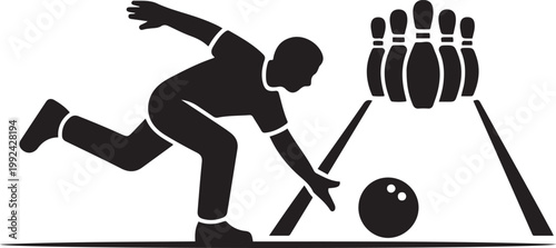 Silhouette of bowler releasing ball towards pins on national bowling day bowling ball bowling pins. black icon drawing vector