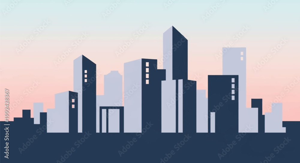 Obraz premium City skyline at sunset with modern buildings.