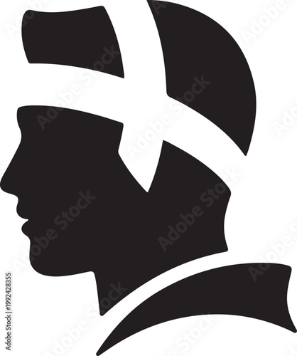 Black silhouette of a person with a white cross on the forehead profile. black icon drawing vector