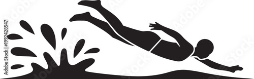Silhouette of a person diving into water with splash action. black icon drawing vector