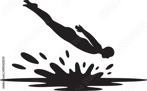 Silhouette of a person diving into water with splash action. black icon drawing vector
