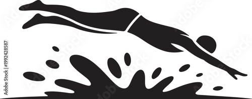 Silhouette of a person diving into water with splash action. black icon drawing vector