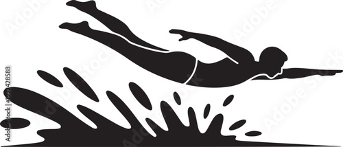 Silhouette of a person diving into water with splash action. black icon drawing vector