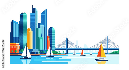 Vibrant cityscape with sailboats and bridge.