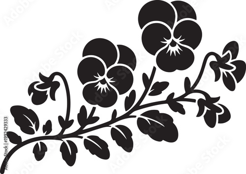 Silhouette of stylized branch of pansy flowers. black art icon drawing vector