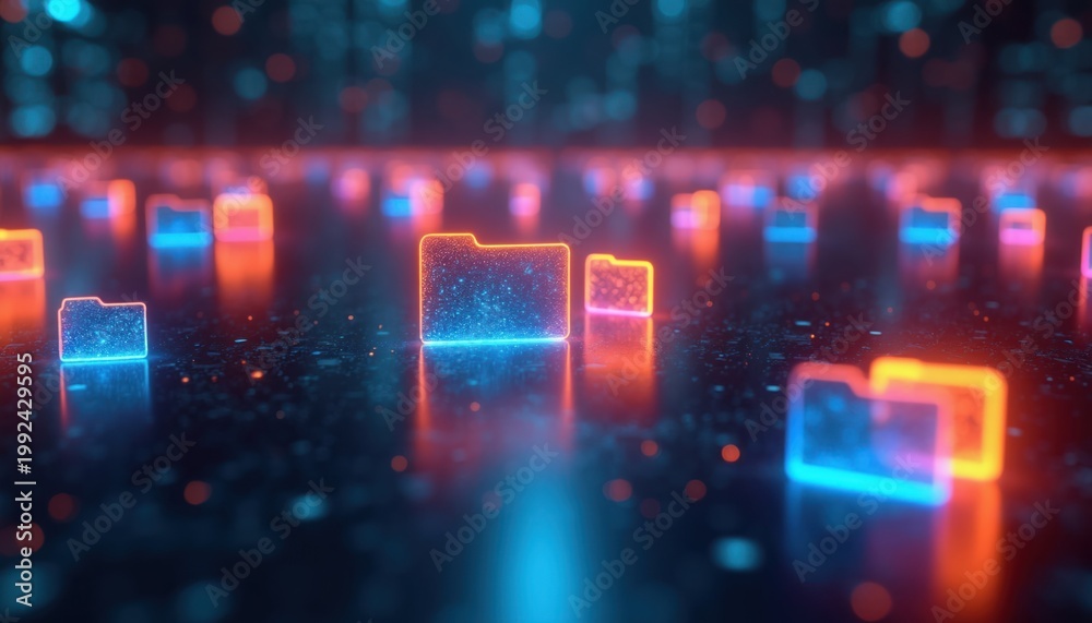 Fototapeta premium Abstract digital file folders glow on dark background. Network data organization and secure cloud storage. Futuristic big data management concept. Digital information system processing.