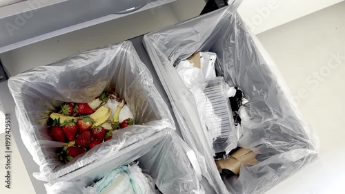 Hand placing plastic container with strawberries into a waste bin, showcasing the separation of organic waste and recyclables in a modern kitchen setting