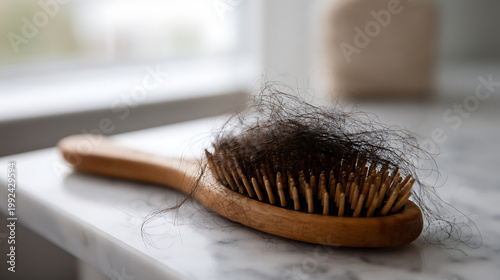 Wooden hairbrush with copious dark human hair collected on its bristles, resting on a white marble surface next to a bright window light