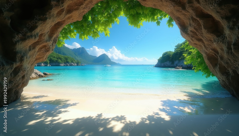 Obraz premium View from cave entrance on white sand beach, clear turquoise sea, lush green mountains, blue sky, boat on water. Tropical paradise oasis, scenic coastal landscape, natural beauty.