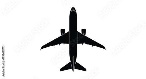 A stark black silhouette of a passenger airplane viewed from directly above