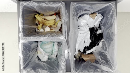 Three connected frames showing waste sorting in a kitchen with organic, recyclable, and general waste bins filled with various discarded items and materials