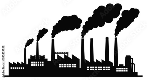 Industrial complex emitting dark smoke stacks against a white background
