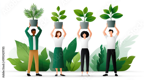 Team of diverse people supporting a large sprout growing from cupped hands, symbolizing teamwork, sustainability, eco friendly development and community care for the planet