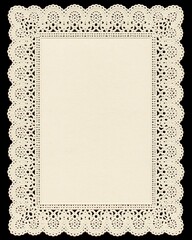 Vintage cream lace doily frame with blank paper center on black background, elegant decorative border with copy space for invitation, menu or greeting card design.