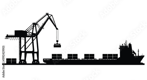 Silhouetted cargo ship being loaded with containers by a dockside crane