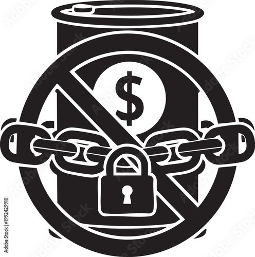 Locked oil barrel icon with dollar sign and chain for sanctions