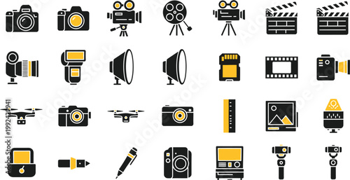Collection of icons representing various photography and videography equipment and tools Vector