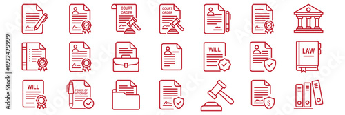 Legal documents icon set. Editable line icons. Vector illustration . Law and justice outline icon set with black line legal symbols for web and app vector illustration . 