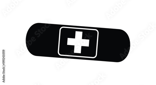 A black adhesive bandage featuring a white medical cross symbol
