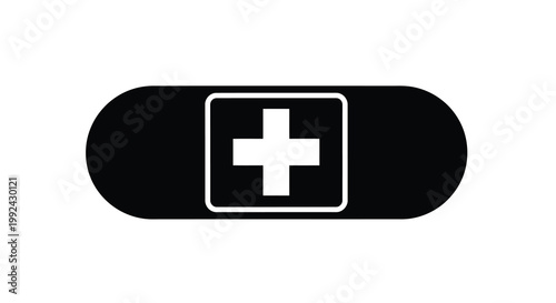 Black adhesive bandage with a white medical cross symbol on it