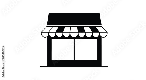 Simple black and white illustration of a storefront with a striped awning