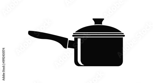 A simple black silhouette of a saucepan with a lid and handle