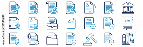 Legal Document Outline Icon Set, Law Contract File Collection, Business Certificate Stamp Gavel Vector Icons, Thin Line Illustration Isolated on White Background . 