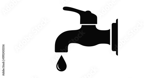 Simple black silhouette of a water faucet with a single falling drop