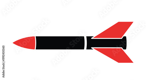 A simplified graphic of a red and black missile or rocket in flight