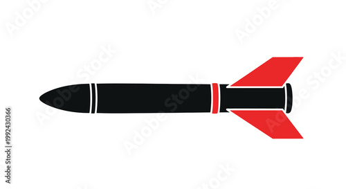 Stylized depiction of a black missile with red fins and bands
