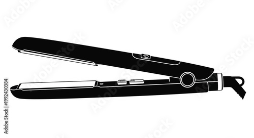A black and white illustration of a modern hair straightening iron