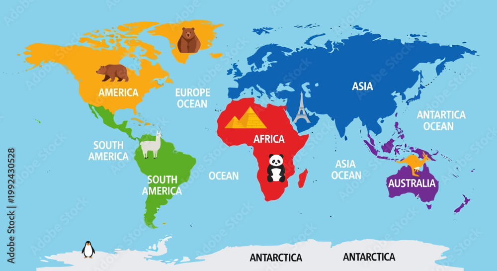 Naklejka premium A colorful educational map of the world highlighting continents and animals